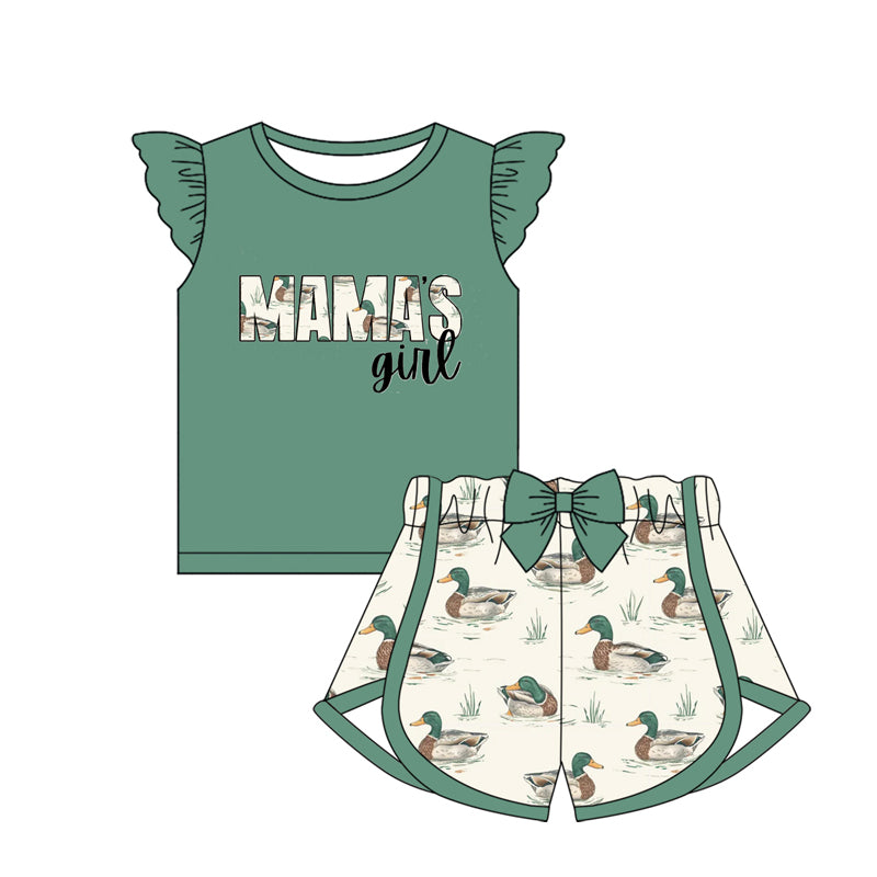 preorder GSSO1719 MAMA's Girl Green Flutter Sleeve Mallard Duck Bow Shorts Girls Set