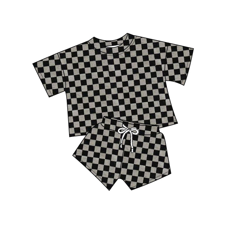 preorder GSSO1720 Black Checkered Short Sleeve Shorts Girls Set