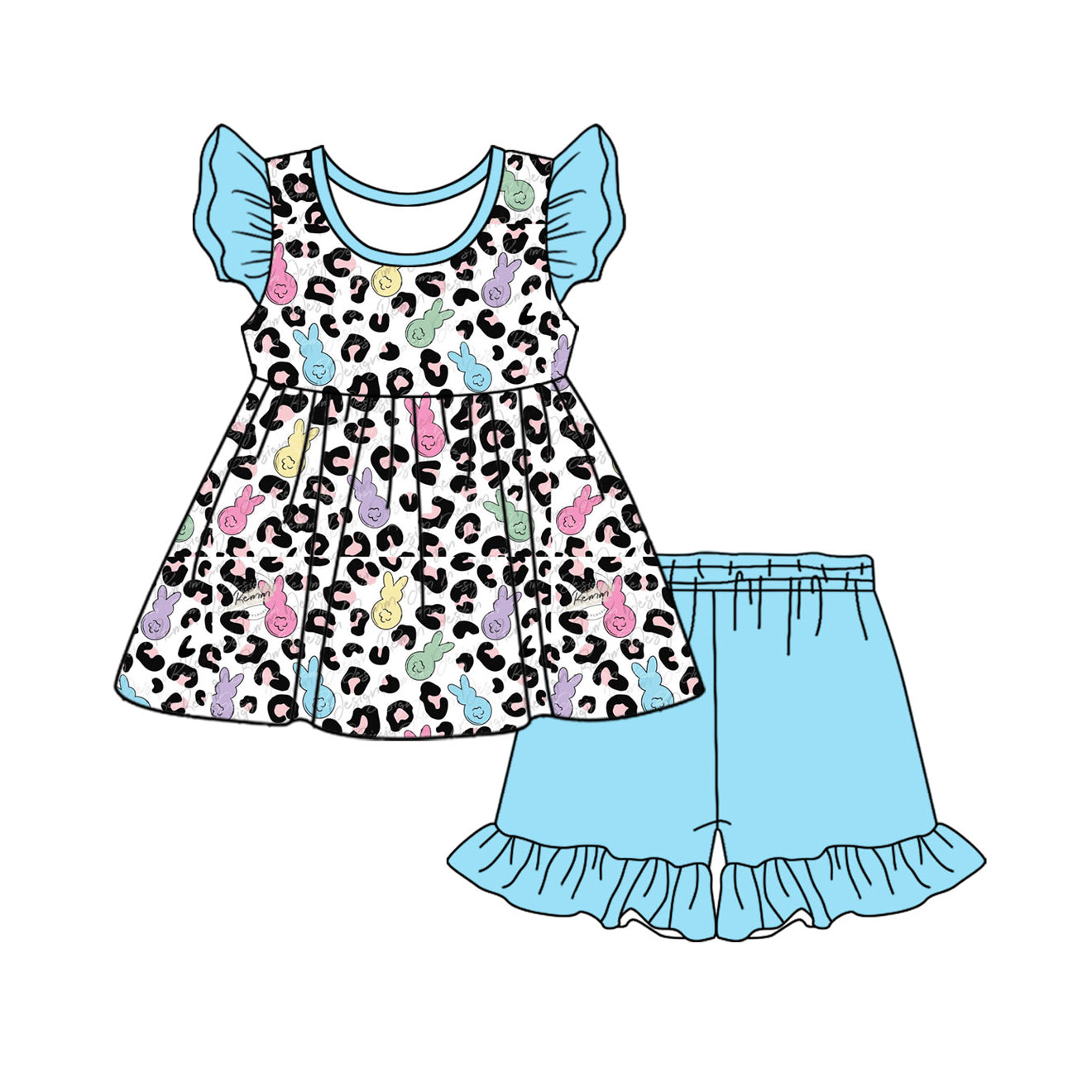 preorder GSSO1733 Easter Bunny Rabbit Leopard Flutter Sleeve Blue Shorts Girls Set