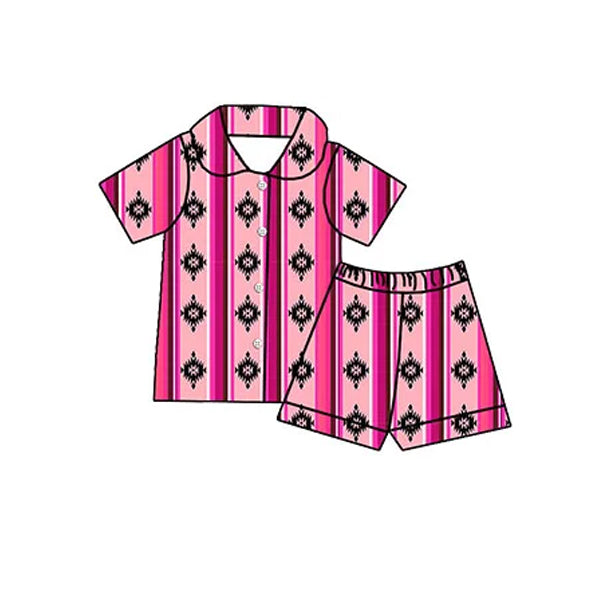 preorder GSSO1746 Western Aztec Hot Pink Striped Short Sleeve Shorts Girls Pajamas