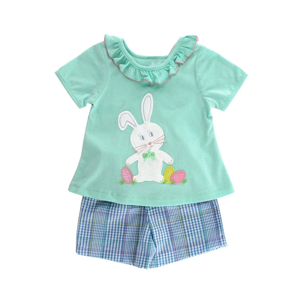 preorder GSSO1756 Easter Bunny Rabbit Egg Green Ruffles Short Sleeve Striped Shorts Girls Set