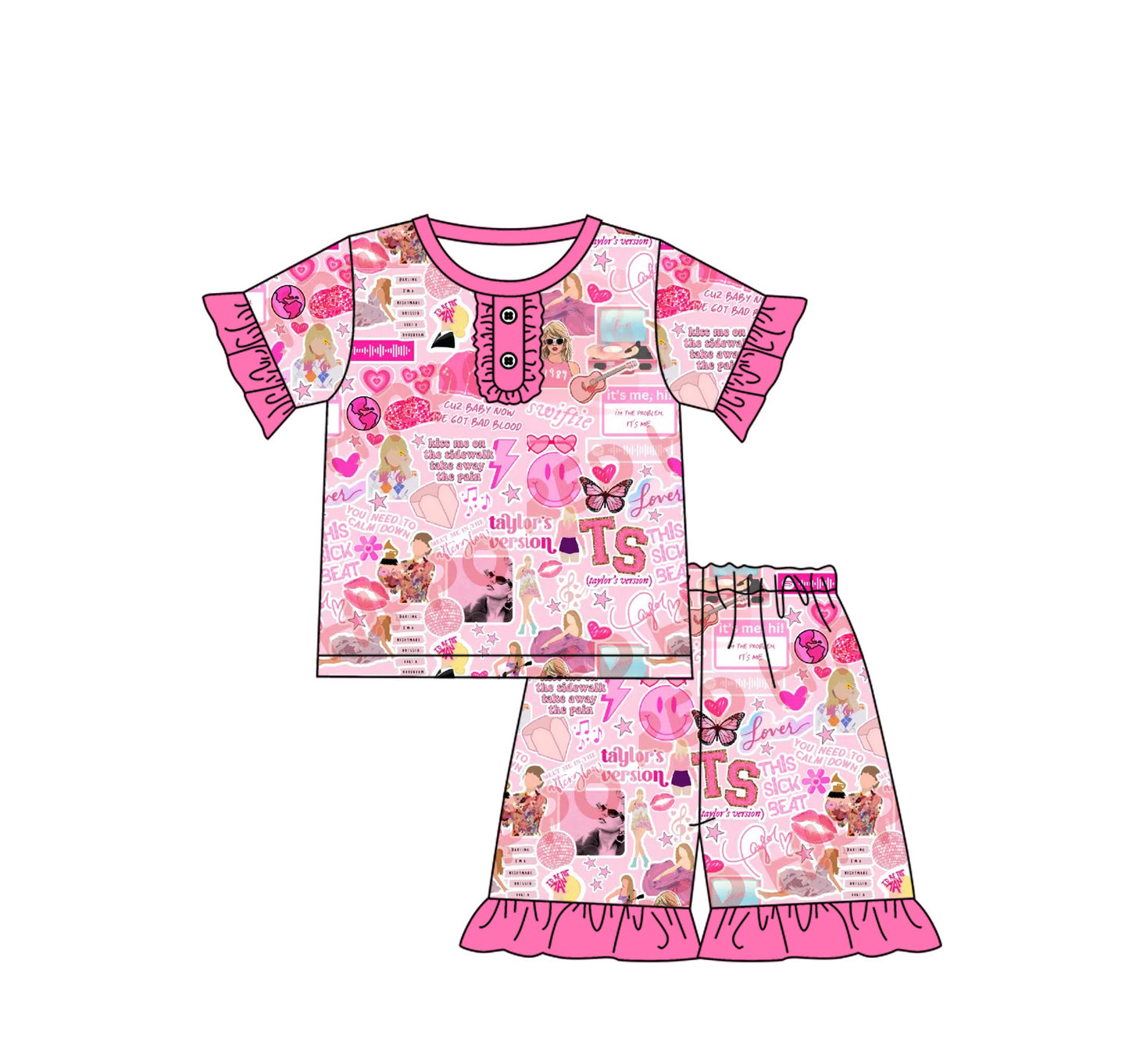 preorder GSSO1764 Taylor Country Singer Hot Pink Short Sleeve Shorts Grils Pajamas Set