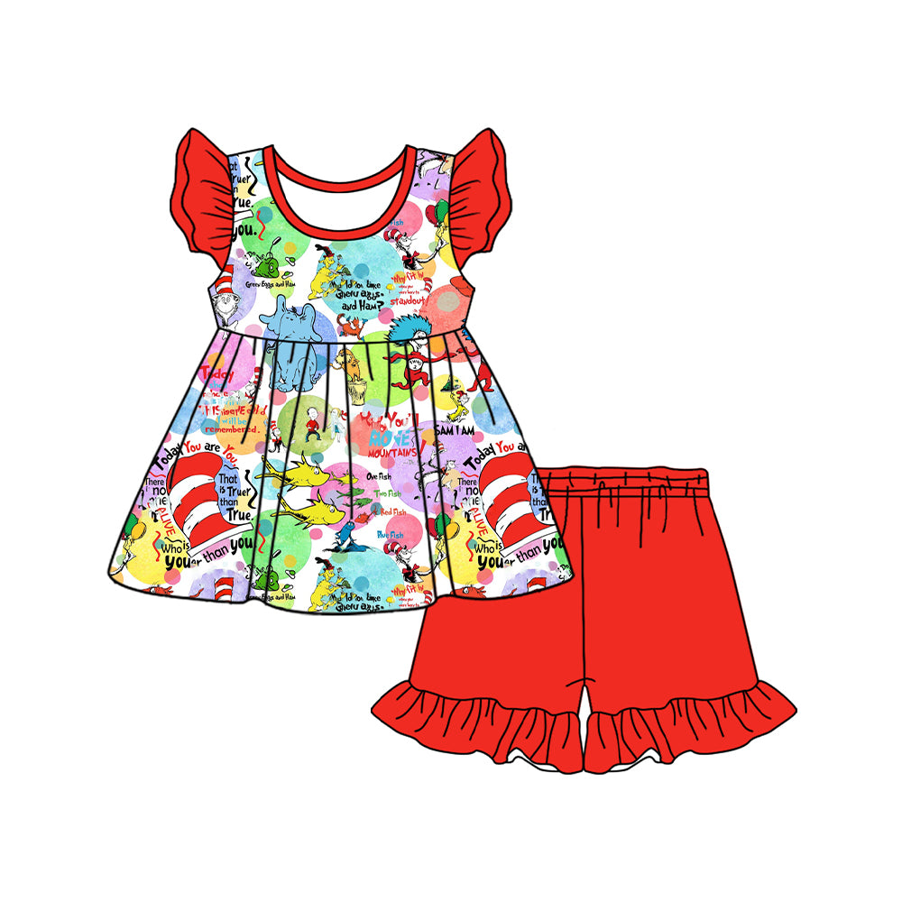 preorder GSSO1767 Cartoon Dr Elephant Flutter Sleeve Red Shorts Girls Set