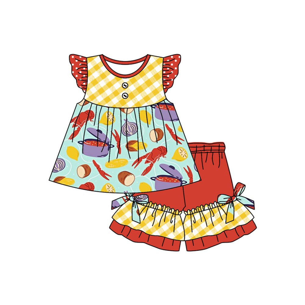 preorder GSSO1768 Crayfish Corn Potato Yellow Checkered Flutter Sleeve Ruffles Red Shorts Girls Set