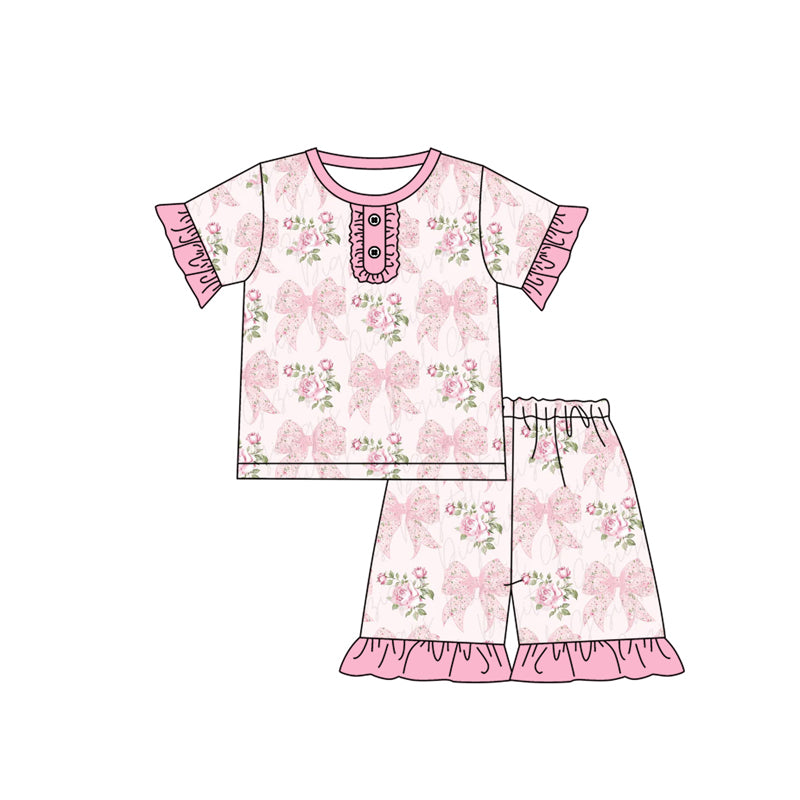 preorder GSSO1781 pink bows flowers short sleeve shorts girls pajamas