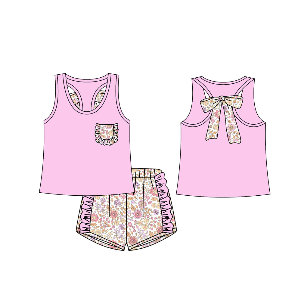 preorder GSSO1791 Hot Pink Pocket Bows Sleeveless Ruffles Flowers Shorts Girls Set