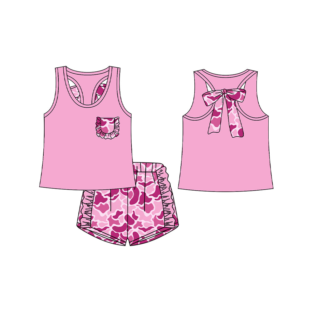 preorder GSSO1795 Hot Pink Bow Pocket Sleeveless Camo Shorts Girls Set