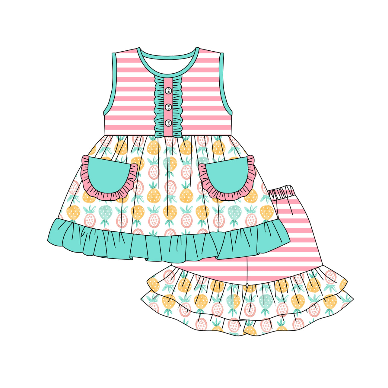 preorder GSSO1797 Fruit Pineapple Teal Pockets Sleeveless Pink Striped Shorts Girls Set