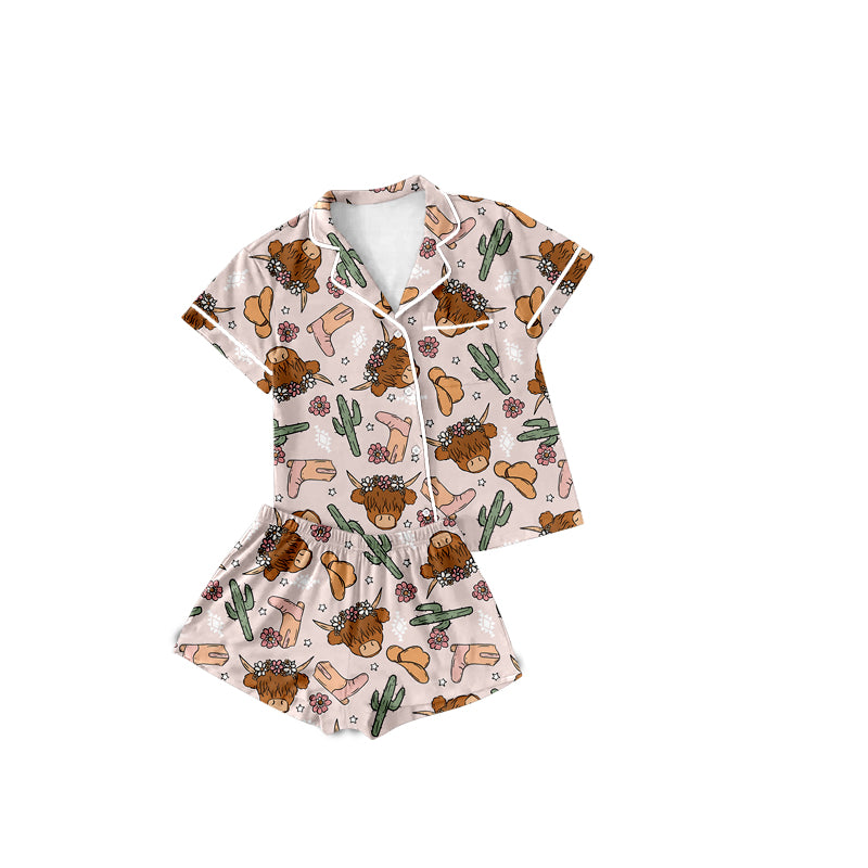 preorder GSSO1809 Western highland cow cactus short sleeve shorts girls bottons pajamas
