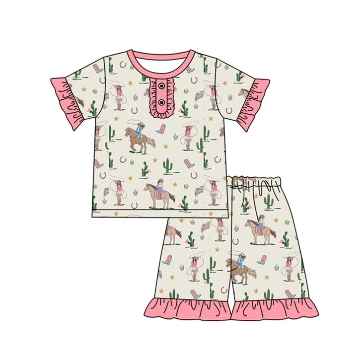 preorder GSSO1812 Western rodeo cactus pink short sleeve shorts girls pajamas