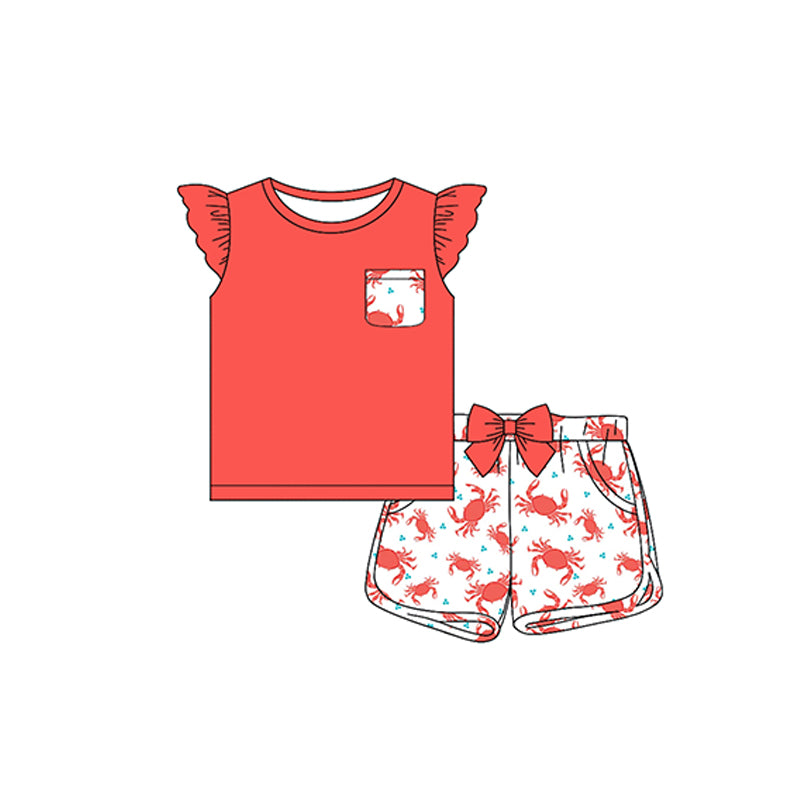preorder GSSO1813 red pocket flutter sleeve crab bow shorts girls set