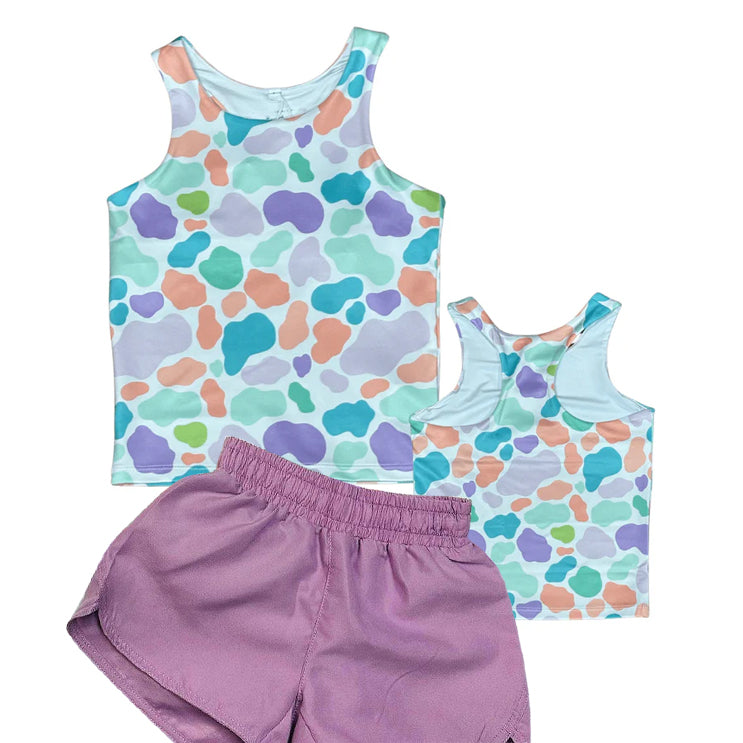 preorder GSSO1814 colorful camo sleeveless purple shorts girls set