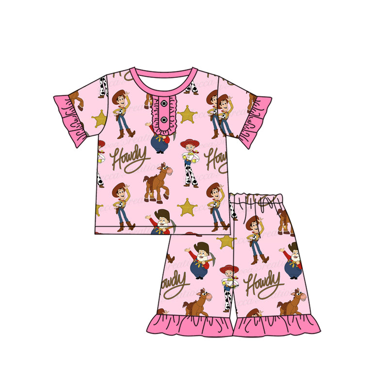 preorder GSSO1818 Western Howdy Cartoon Toy Hot Pink Short Sleeve Shorts Girls Pajamas