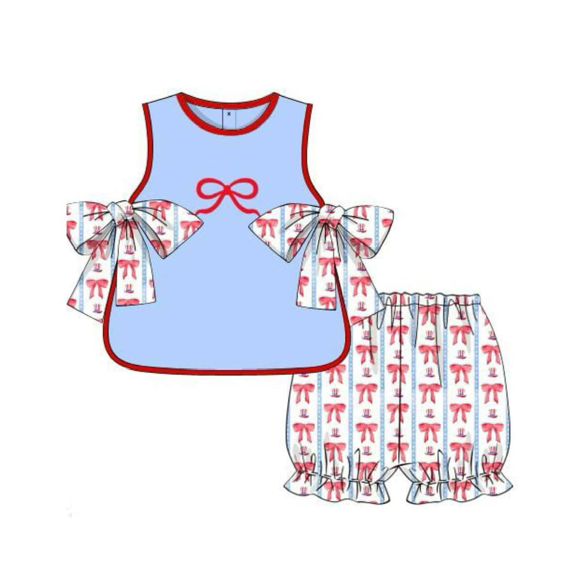 preorder GSSO1823 July 4th Red Bows Sleeveless Shorts Girls Set
