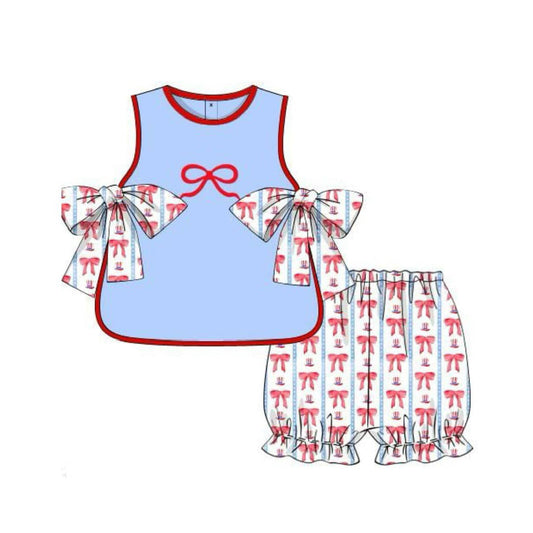 preorder GSSO1823 July 4th Red Bows Sleeveless Shorts Girls Set