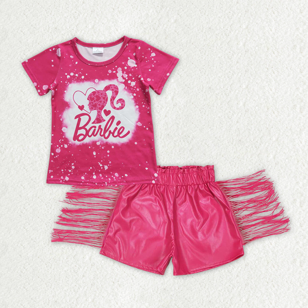 GSSO1826 Hot Pink Cartoon BA Short Sleeve Hot Pink Tassles Leather Shorts Girls Set