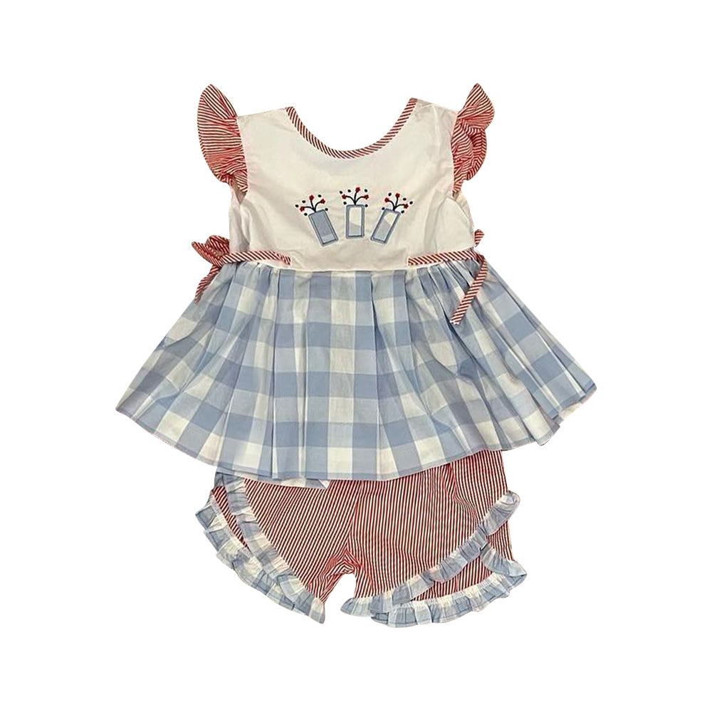 preorder GSSO1831 July 4th fireworks flutter sleeve red striped shorts girls set