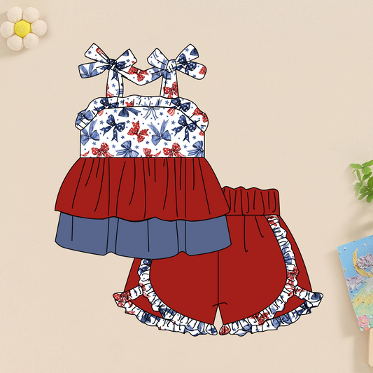 preorder GSSO1832 July 4th red blue bows lace-up red ruffles shorts girls set