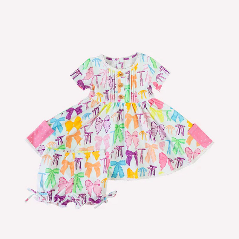 preorder GSSO1836 colorful bows pockets short sleeve ruffles shorts girls set