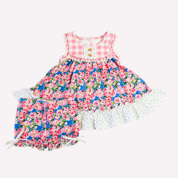 preorder GSSO1837 pink flowers checkered sleeveless ruffles shorts girls set