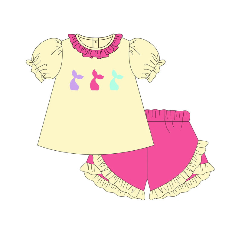 preorder GSSO1841 cartoon mermaild yellow short sleeve hot pink shorts girls set