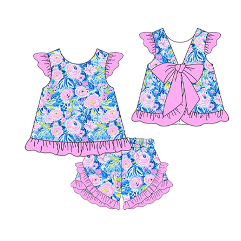 preorder GSSO1842 pink flowers flutter sleeve with bow flutter sleeve ruffles shorts girls set