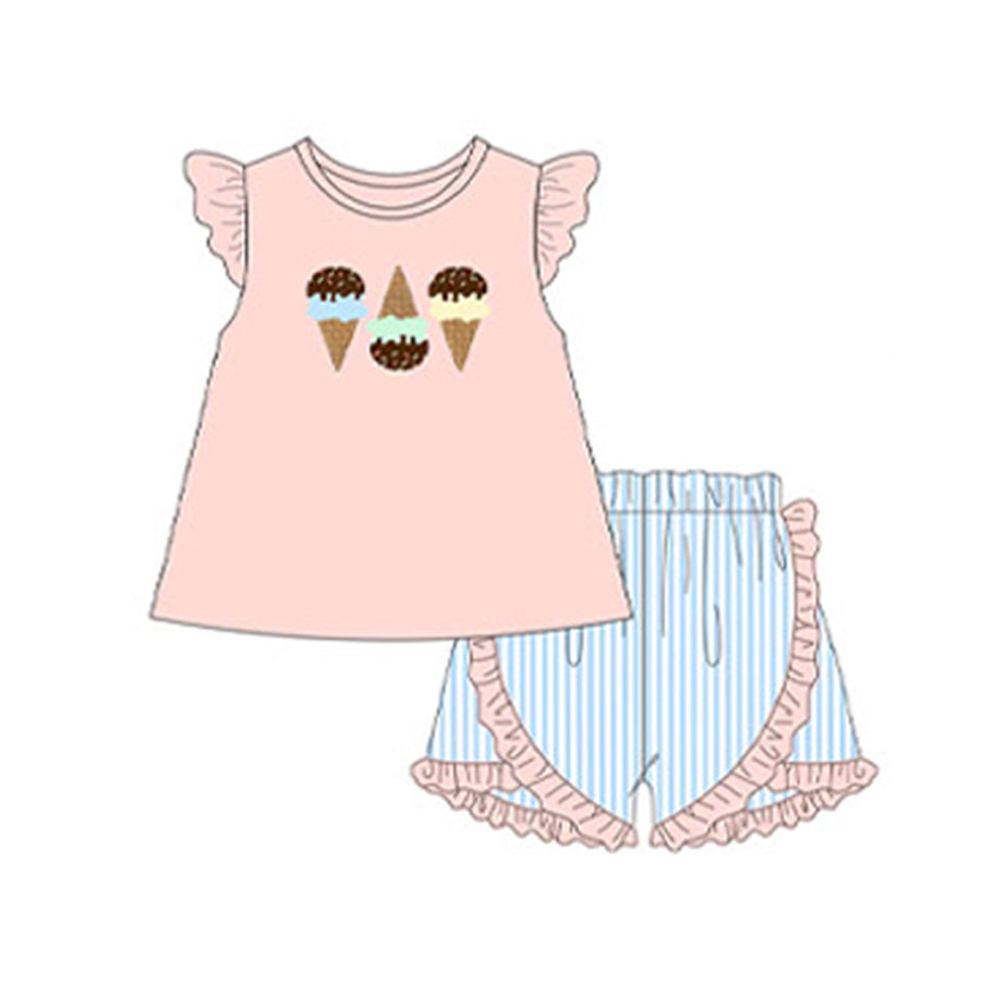 preorder GSSO1845 ice light pink flutter sleeve blue striped shorts girls set