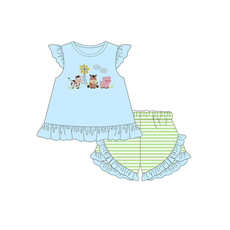 preorder GSSO1849 Farm cow pig horse blue flutter sleeve green striped shorts girls set