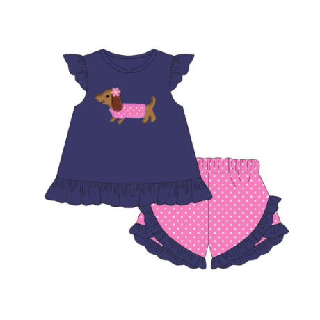preorder GSSO1850 cute pet dog navy blue flutter sleeve hot pink dot shorts girls set
