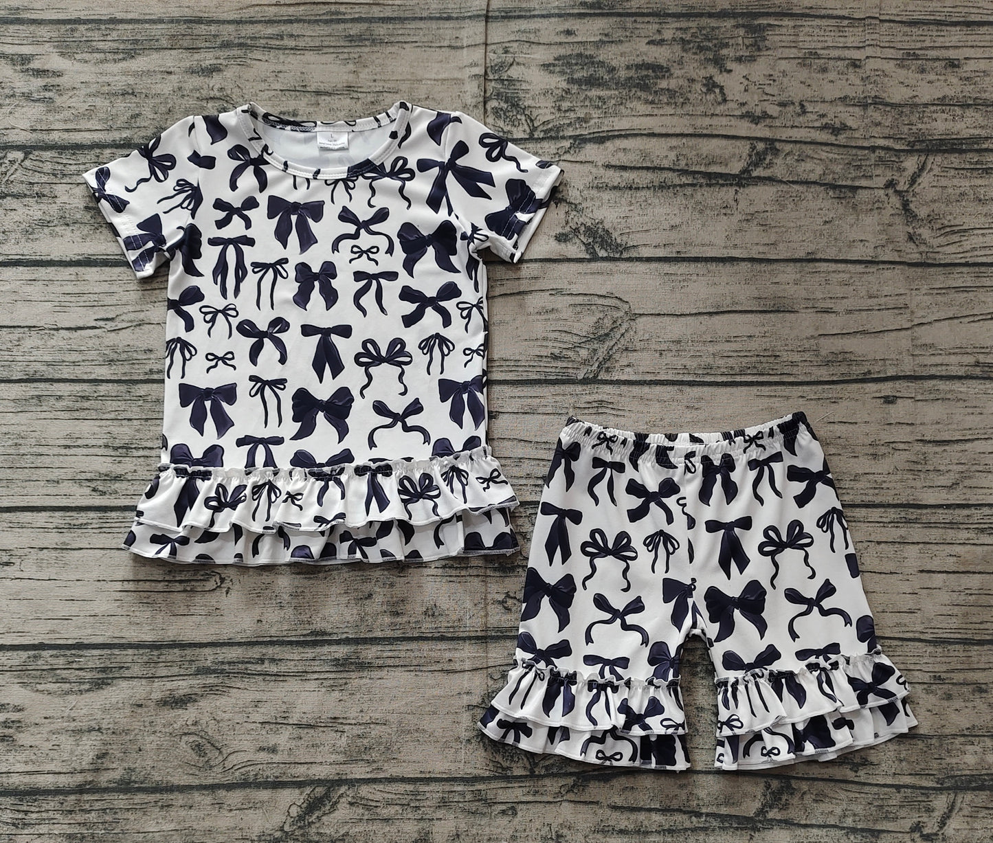 GSSO1852 black bows short sleeve ruffles shorts girls set