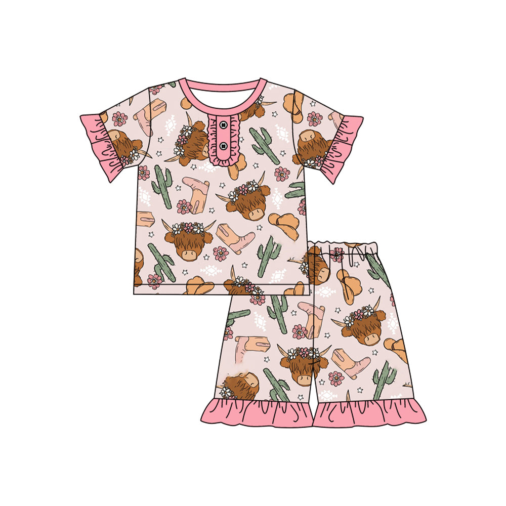preorder GSSO1853 Western highland cow cactus boot pink short sleeve shorts girls pajamas