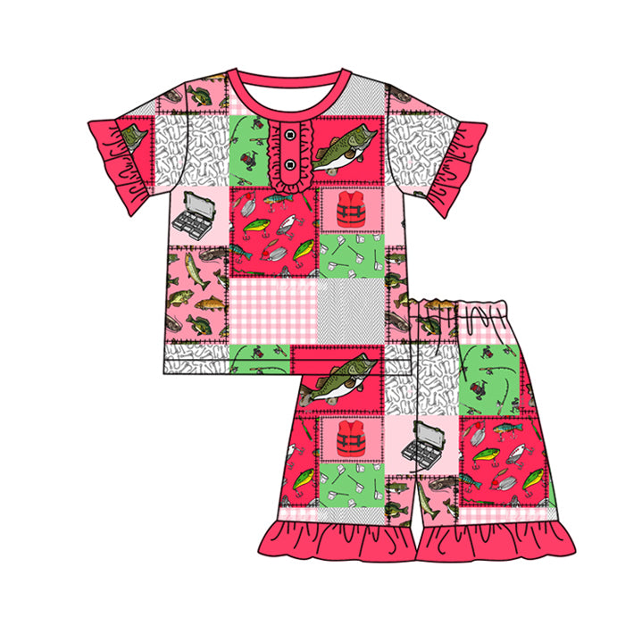 preorder GSSO1854 Hunting fishing hot pink short sleeve shorts girls pajamas