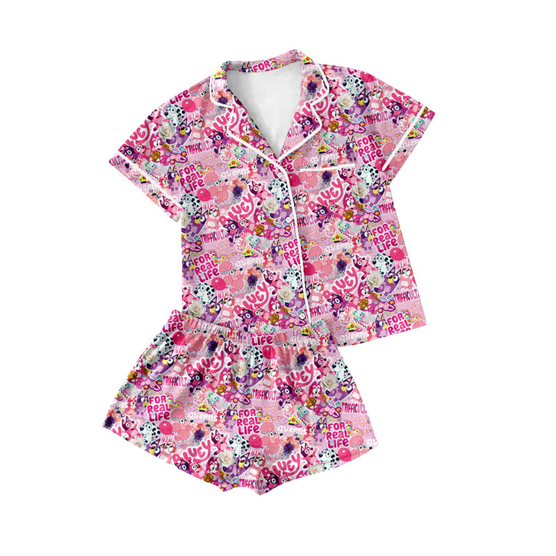 preorder GSSO1857 mama adult women cartoon blue dog pink short sleeve shorts buttons pajamas