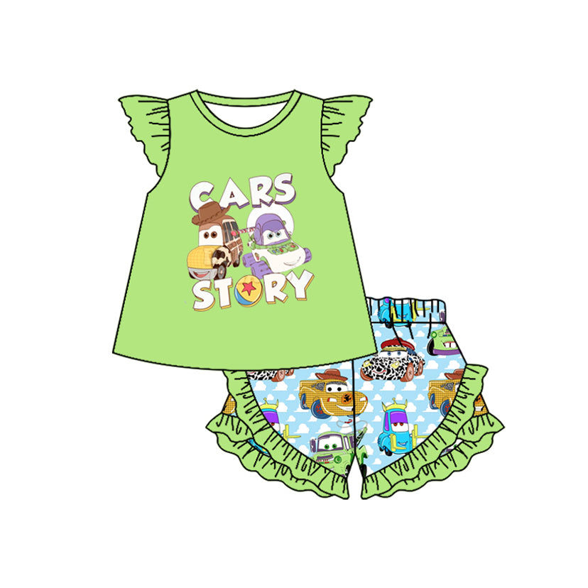 preorder GSSO1863 baby girl cartoon car green flutter sleeve blue shorts set