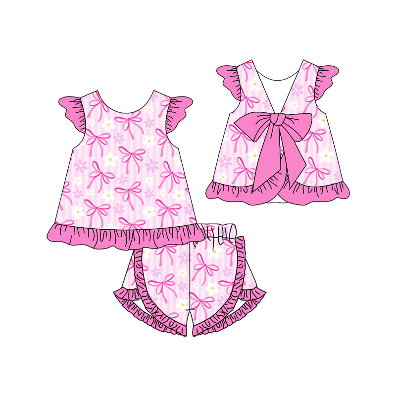 preorder GSSO1868 baby girl hot pink bows flowers flutter sleeve with bow shorts set