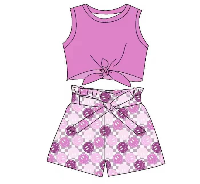 preorder GSSO1874 purple sleeveless smile checkered shorts girls set