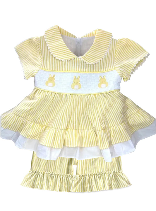 preorder GSSO1883 Easter bunny rabbit yellow striped short sleeve shorts girls set