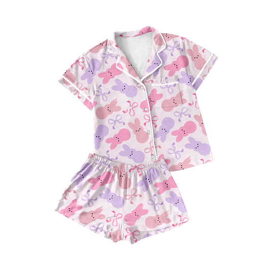 preorder GSSO1884 mama adult women Easter bunny rabbit bows purple pink short sleeve shorts buttons pajamas
