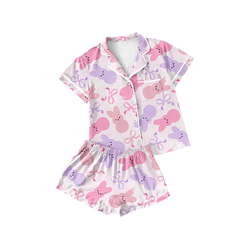 preorder GSSO1885 Easter bunny rabbit bows purple pink short sleeve shorts girls buttons pajamas