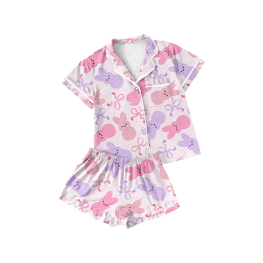 preorder GSSO1885 Easter bunny rabbit bows purple pink short sleeve shorts girls buttons pajamas