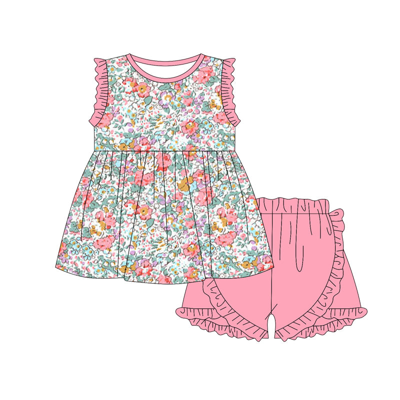 preorder GSSO1887 colorful flowers pink ruffles sleeveless pink shorts girls set