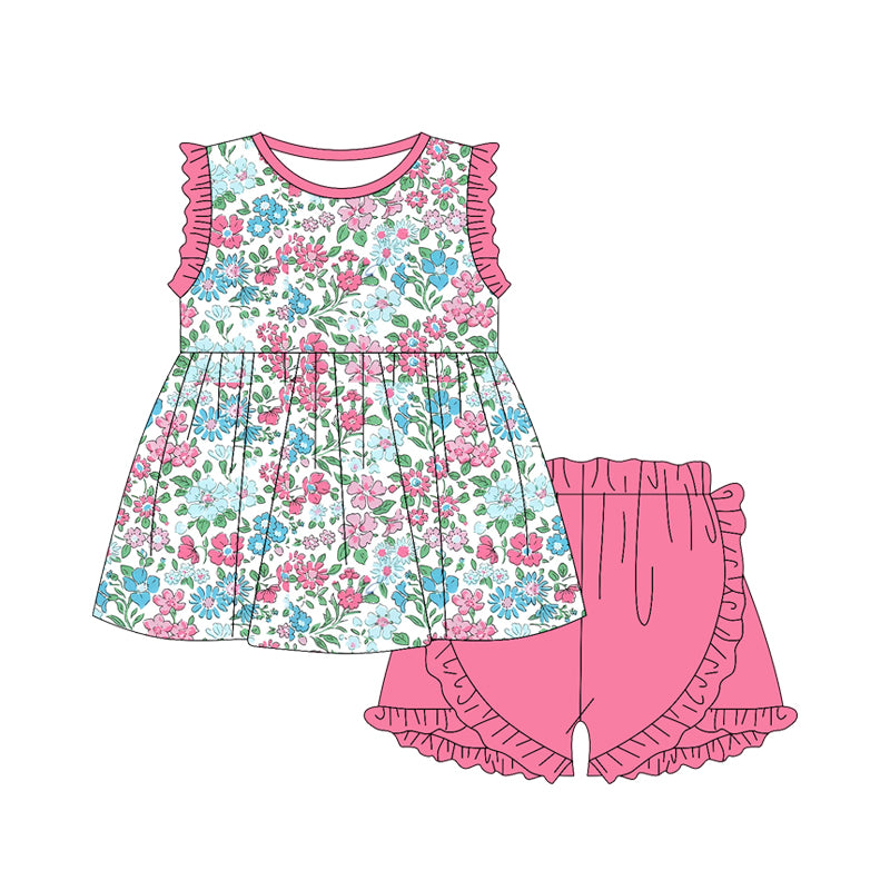 preorder GSSO1889 colorful flowers hot pink ruffles sleeveless hot pink shorts girls set