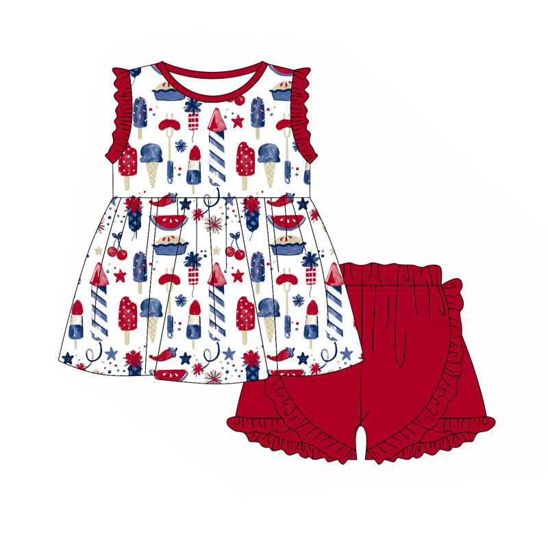 preorder GSSO1893 July 4th ice fireworks ruffles sleeve red shorts girls set