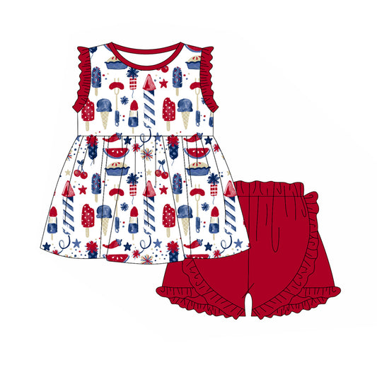 preorder GSSO1893 July 4th ice fireworks ruffles sleeve red shorts girls set