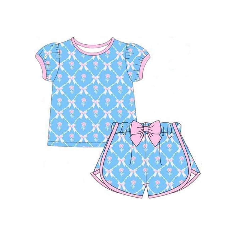 preorder GSSO1898 pink flowers bows blue short sleeve shorts girls set