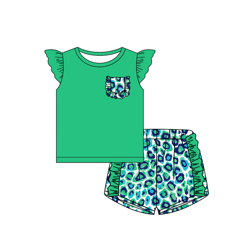 preorder GSSO1899 green pocket flutter sleeve blue green leopard ruffles shorts girls set
