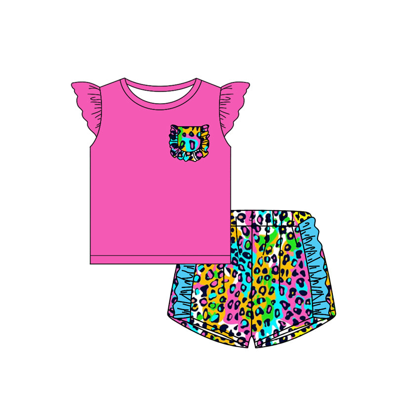 preorder GSSO1900 hot pink pocket flutter sleeve colorful leopard ruffles shorts girls set