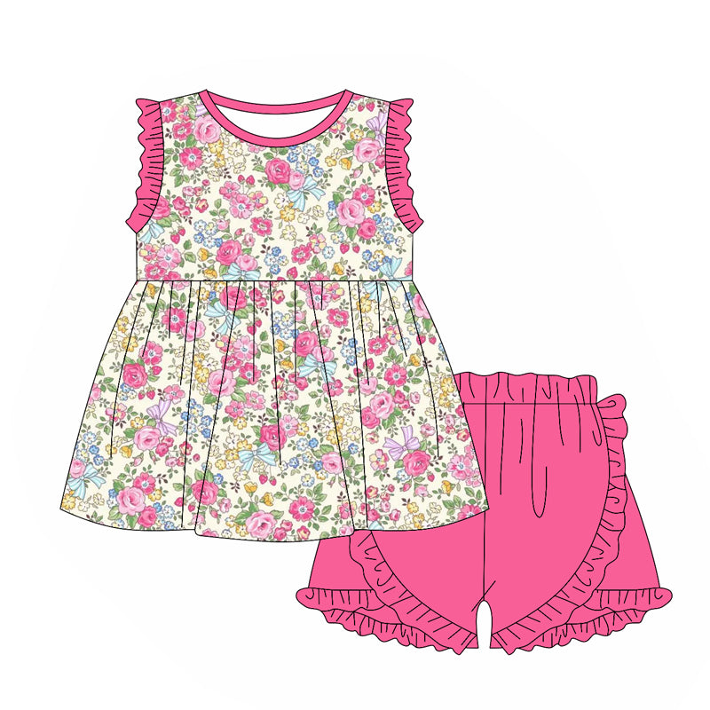 preorder GSSO1901 hot pink flowers ruffles sleeve hot pink ruffles shorts girls set