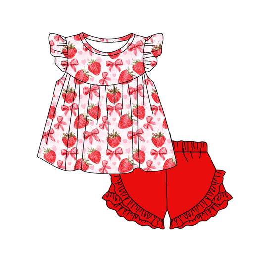 preorder GSSO1902 red strawberry bows flutter sleeve red ruffles shorts girls set