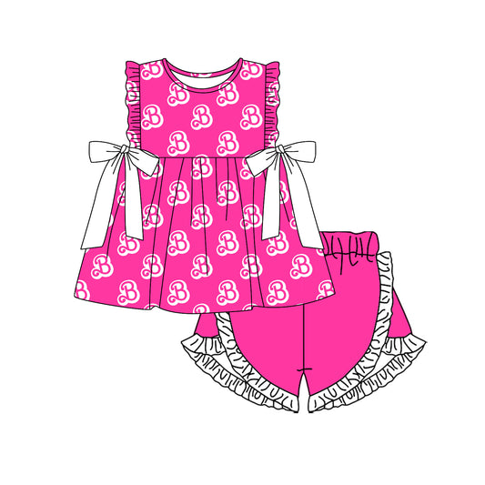 preorder GSSO1903 cartoon BA hot pink bows ruffles sleeve ruffles shorts girls set